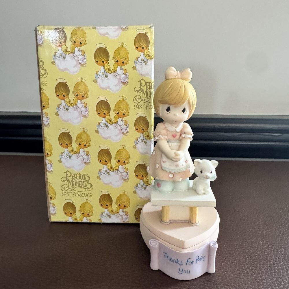 Precious Moments Trinket Box Thanks For Being You Girl w/ Kitten Vintage 2000